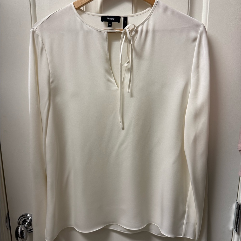 Theory Cream Long-Sleeve Tie-Neck Blouse